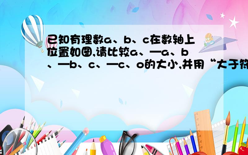 已知有理数a、b、c在数轴上位置如图,请比较a、—a、b、—b、c、—c、o的大小,并用“大于符号”连接起来一条数轴,原点0,a、b在原点左边,b比a大,c在原点右边.