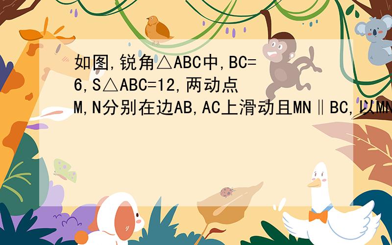 如图,锐角△ABC中,BC=6,S△ABC=12,两动点M,N分别在边AB,AC上滑动且MN‖BC,以MN为边长向下做正方形MPQN,设其边长为X,正方形MPQN与△ABC公共部分的面积为Y(Y 〉0),当X=_____,公共部分面积Y最大,Y最大值=____