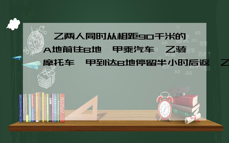 ,乙两人同时从相距90千米的A地前往B地,甲乘汽车,乙骑摩托车,甲到达B地停留半小时后返、乙两人同时从相距90千米的A地前往B地,甲乘汽车,乙骑摩托车,甲到达B地停留半小时后返回A地．如果是