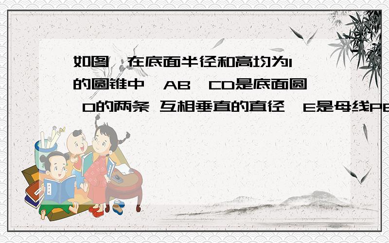 如图,在底面半径和高均为1 的圆锥中,AB、CD是底面圆 O的两条 互相垂直的直径,E是母线PB 的中点.已知过CD 与E 的平面与圆锥侧面的交线是以E 为顶点的抛物线的一部分,则该抛物线的焦点到圆锥