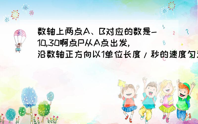 数轴上两点A、B对应的数是-10,30啊点P从A点出发,沿数轴正方向以1单位长度/秒的速度匀速平移.1)当PA+PB=50时,求点P运动的时间 ,并求此时P点对应的数为多少?（2）C点对应的数为40,在点P从A点出发