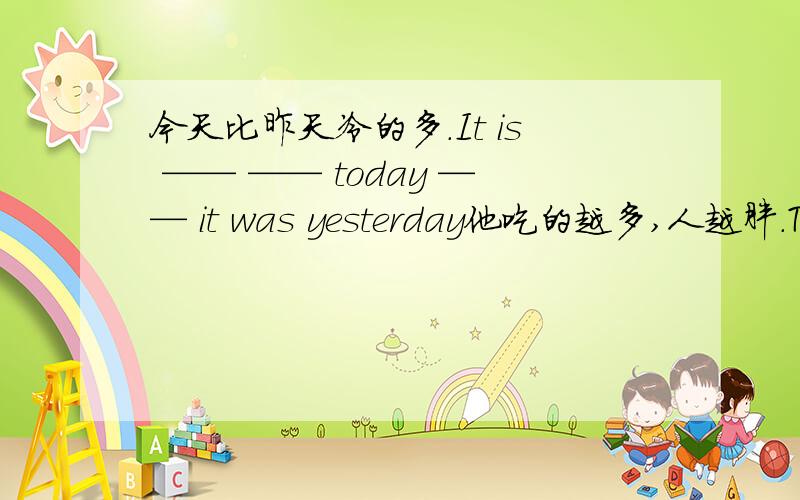 今天比昨天冷的多.It is —— —— today —— it was yesterday他吃的越多,人越胖.The —— he eats,the —— he gets