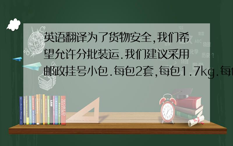 英语翻译为了货物安全,我们希望允许分批装运.我们建议采用邮政挂号小包.每包2套,每包1.7kg.每包运费$20.每天发送1-2包,通常15天内就能到达.虽然这样的方式需要很长时间.但节省运费和不会