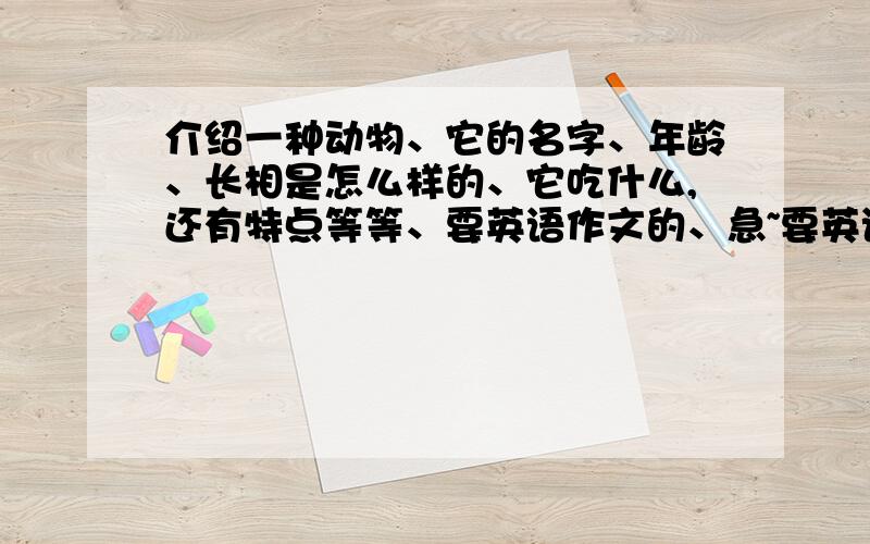 介绍一种动物、它的名字、年龄、长相是怎么样的、它吃什么,还有特点等等、要英语作文的、急~要英语的、是作文、