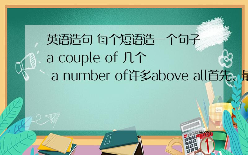 英语造句 每个短语造一个句子a couple of 几个 a number of许多above all首先、最重要的是 add to增加along with 与、、、一起 as...as同...一样as far as就...来说,至于 as well也at a time一次 atthe beginning of在...