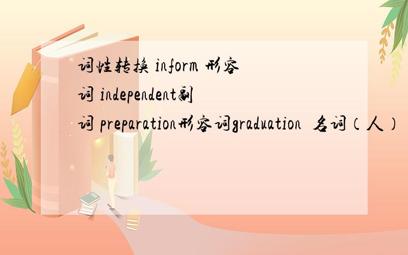 词性转换 inform 形容词 independent副词 preparation形容词graduation  名词（人）  select形容词    approve形容词   nature副词