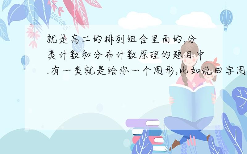 就是高二的排列组合里面的,分类计数和分布计数原理的题目中.有一类就是给你一个图形,比如说田字图 ,有几种颜色要求填到图形中,要求相邻的格子所涂颜色不能相同,问有几种涂法?这一类