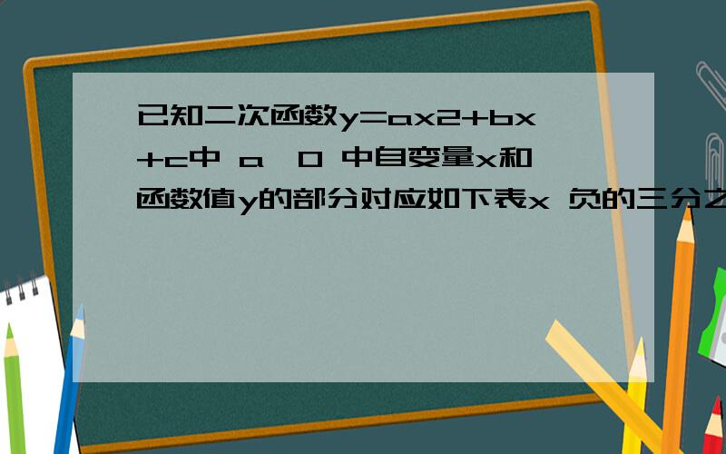 已知二次函数y=ax2+bx+c中 a≠0 中自变量x和函数值y的部分对应如下表x 负的三分之二 负一 负二分之一 0 二分之一 1 二分之三y 负的五分之四 负二 负四分之九 负二 负四分之五 0 四分之七则该