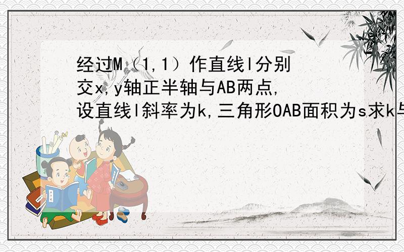 经过M（1,1）作直线l分别交x,y轴正半轴与AB两点,设直线l斜率为k,三角形OAB面积为s求k与s的函数关系式s=f（k）求s的最小值以及相应的直线l方程