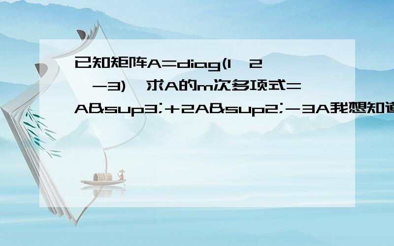 已知矩阵A=diag(1,2,-3),求A的m次多项式=A³＋2A²－3A我想知道：在使用ƒ（Α）=diag（ƒ（1）,ƒ（2）,ƒ（-3））来求ƒ（Α）时,ƒ（1）,ƒ（2）,ƒ（-3）是如何计算出来