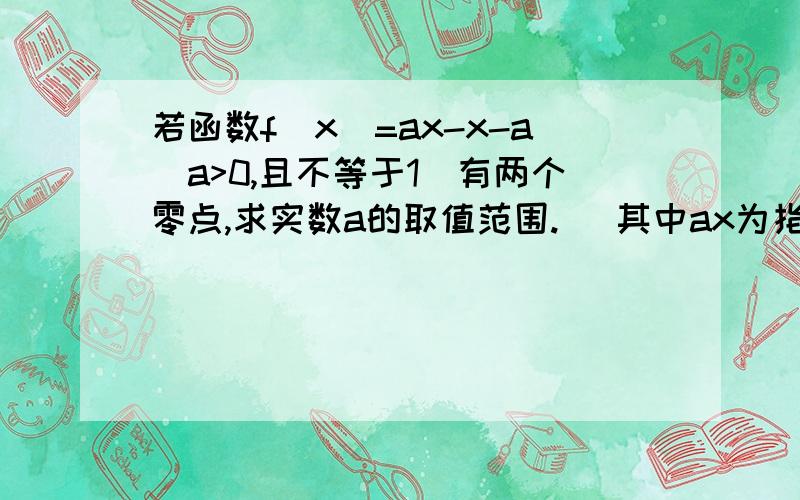 若函数f(x)=ax-x-a(a>0,且不等于1）有两个零点,求实数a的取值范围. （其中ax为指数函数,书写的不规范）