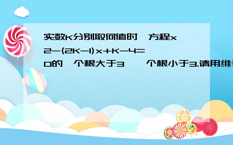 实数K分别取何值时,方程x^2-(2K-1)x+K-4=0的一个根大于3,一个根小于3.请用维达 本人数学真的差得很，过程最好写的清楚一点