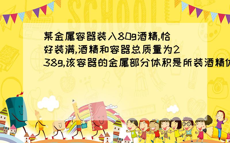 某金属容器装入80g酒精,恰好装满,酒精和容器总质量为238g,该容器的金属部分体积是所装酒精体积的五分之一,该容器是什么金属制成的?
