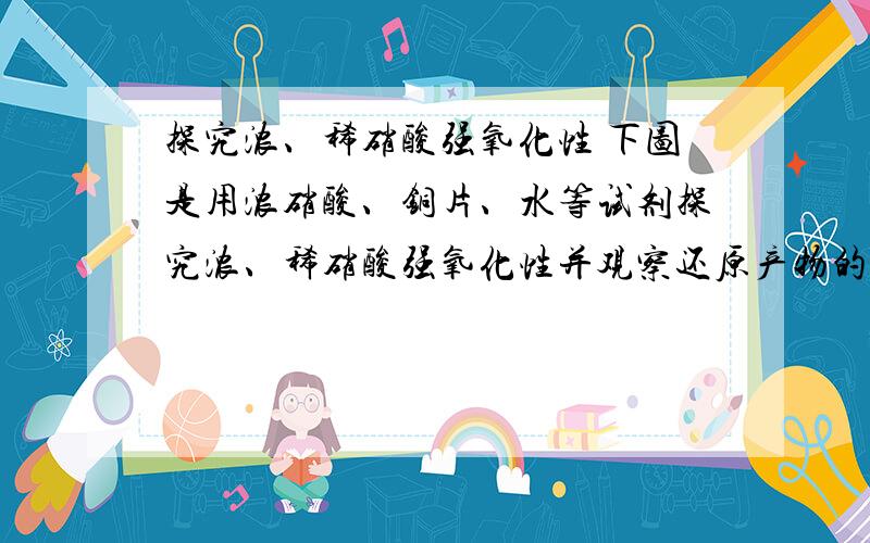 探究浓、稀硝酸强氧化性 下图是用浓硝酸、铜片、水等试剂探究浓、稀硝酸强氧化性并观察还原产物的实验装（4）能证明稀硝酸与铜反应产生NO的实验现象是__________（填写代号）.A.c中收集