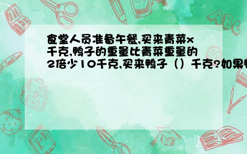 食堂人员准备午餐,买来青菜x千克,鸭子的重量比青菜重量的2倍少10千克,买来鸭子（）千克?如果鸭子是290千克,那么青菜有（）千克?