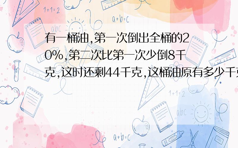 有一桶油,第一次倒出全桶的20％,第二次比第一次少倒8千克,这时还剩44千克,这桶油原有多少千克