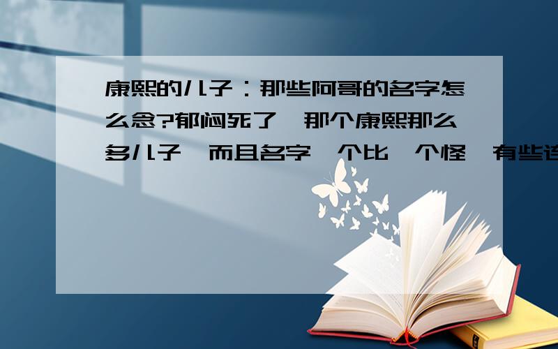 康熙的儿子：那些阿哥的名字怎么念?郁闷死了,那个康熙那么多儿子,而且名字一个比一个怪,有些连新华字典都找不着,真不知道小康是怎么扒拉出这些字的.寻思着去查康熙词典,结果我家没找