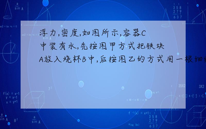 浮力,密度,如图所示,容器C中装有水,先按图甲方式把铁块A放入烧杯B中,后按图乙的方式用一根细线把铁块A与烧杯B底面相连,两种方式烧杯B都漂浮在水面上.设甲、乙两图中铁块A和烧杯B共同受