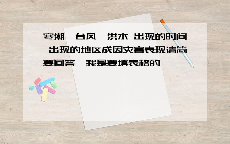 寒潮、台风、洪水 出现的时间 出现的地区成因灾害表现请简要回答,我是要填表格的