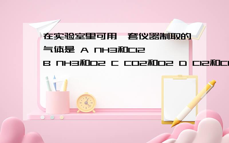 在实验室里可用一套仪器制取的气体是 A NH3和Cl2 B NH3和O2 C CO2和O2 D Cl2和CO2A NH3和Cl2 B NH3和O2 C CO2和O2 D Cl2和CO2（说明原因）