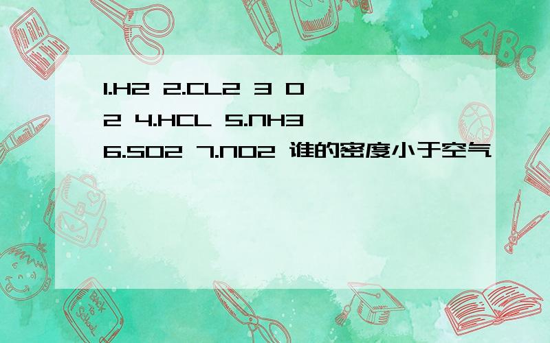 1.H2 2.CL2 3 O2 4.HCL 5.NH3 6.SO2 7.NO2 谁的密度小于空气