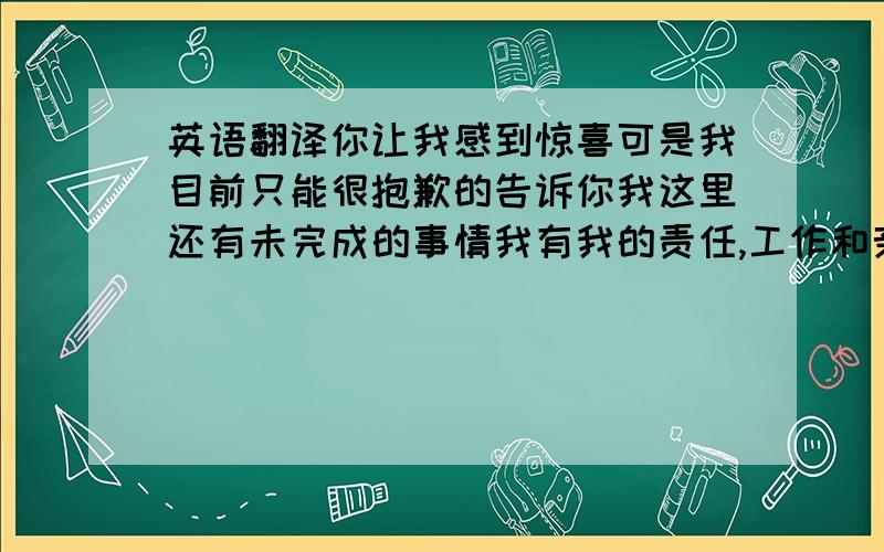 英语翻译你让我感到惊喜可是我目前只能很抱歉的告诉你我这里还有未完成的事情我有我的责任,工作和亲人如果我们能在一起,我必须处理好很多事情,毕竟我有我的责任在此之前,我希望我们