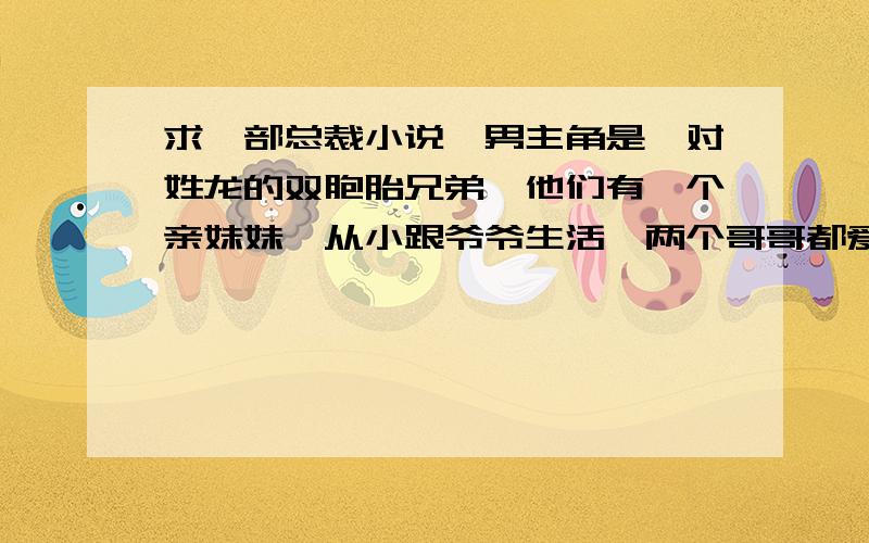 求一部总裁小说,男主角是一对姓龙的双胞胎兄弟,他们有一个亲妹妹,从小跟爷爷生活,两个哥哥都爱她双胞胎中的弟弟是黑道的,哥哥叫龙霸天之类的,妹妹好像叫龙x颖的