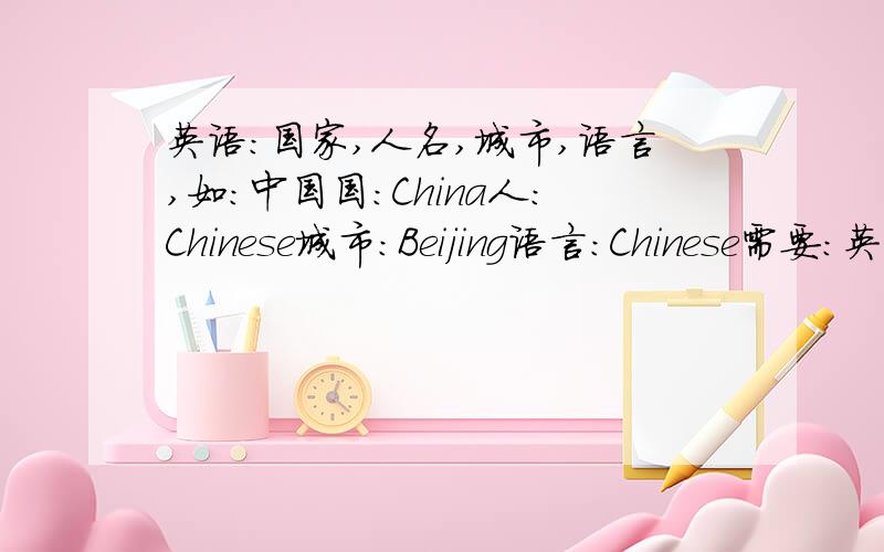 英语：国家,人名,城市,语言,如：中国国：China人：Chinese城市：Beijing语言：Chinese需要：英国,法国,新加坡,美国,澳大利亚,日本,加拿大