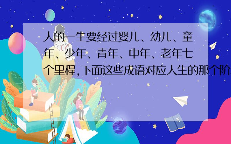 人的一生要经过婴儿、幼儿、童年、少年、青年、中年、老年七个里程,下面这些成语对应人生的那个阶段呢?豆蔻年华【】牙牙学语【】年愈古稀【】年富力强【】鹤发童颜【】嗷嗷待哺【