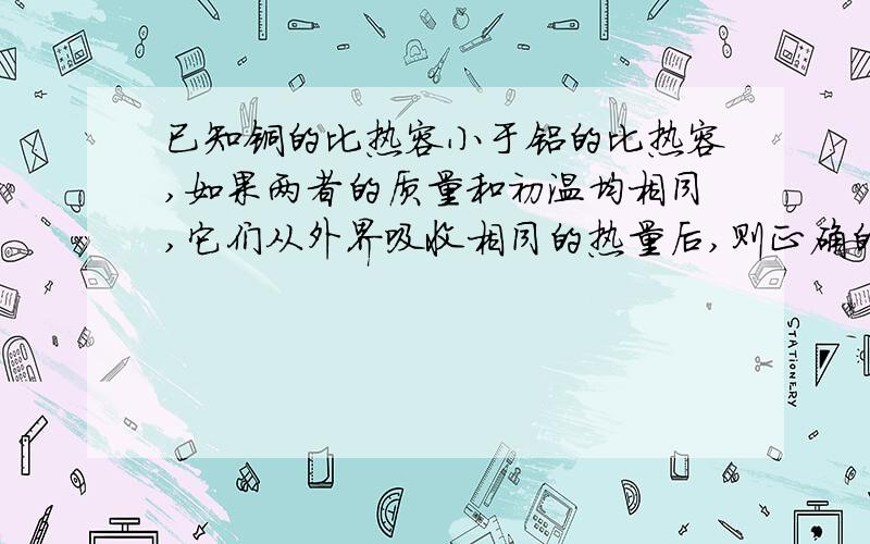 已知铜的比热容小于铝的比热容,如果两者的质量和初温均相同,它们从外界吸收相同的热量后,则正确的是（ 说明理由