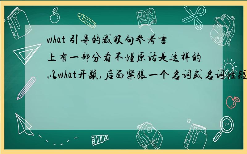 what 引导的感叹句参考书上有一部分看不懂原话是这样的以what开头,后面紧跟一个名词或名词性短语（包括连系动词）然后是主语和谓语.请问什么叫做包括连系动词?能否给举个例子呢?请举一