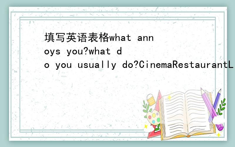 填写英语表格what annoys you?what do you usually do?CinemaRestaurantLibrarySupermarket------------what annoys you?what do you usually do?Cinema------------------------------------------------------------Restaurant--------------------------------