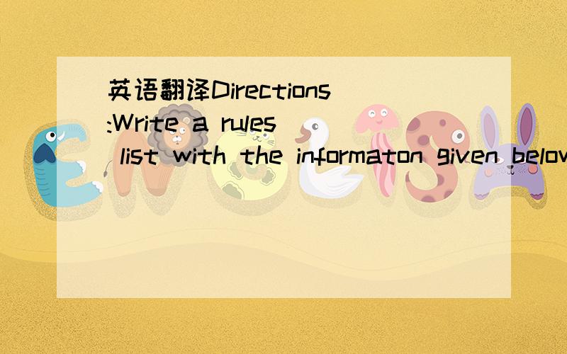 英语翻译Directions:Write a rules list with the informaton given below.泳池规定1.禁止在无防护措施的情况下进入泳池游泳2.不得在泳池边缘奔跑3.不得将食品带入泳池及周围区域4.禁止拉扯其他泳客,不得