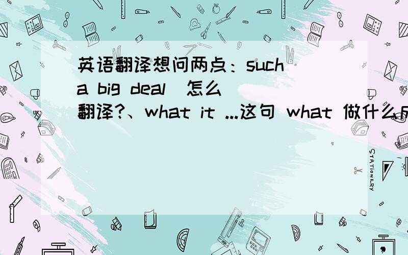 英语翻译想问两点：such a big deal  怎么翻译?、what it ...这句 what 做什么成份?what 有什么意义