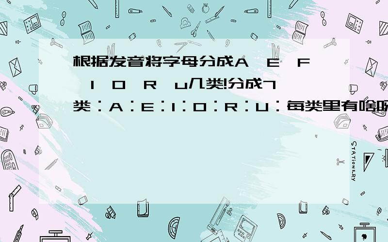 根据发音将字母分成A、E、F、I、O、R、u几类!分成7类：A：E：I：O：R：U：每类里有啥呀？