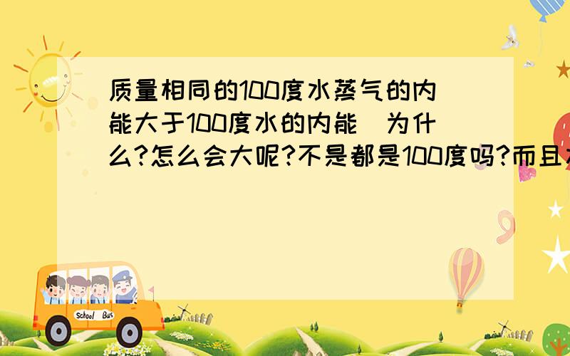 质量相同的100度水蒸气的内能大于100度水的内能．为什么?怎么会大呢?不是都是100度吗?而且水的分子动能大于水蒸气的分子动能吗?还有物体吸收热量内能一定增加吗?内能可以无限大的是吗?