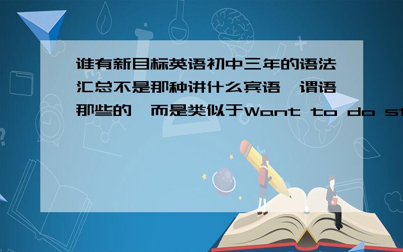 谁有新目标英语初中三年的语法汇总不是那种讲什么宾语、谓语那些的,而是类似于Want to do sth.这样类型的.谁有的话给下,最好有按首字母排序的.没有也没关系.