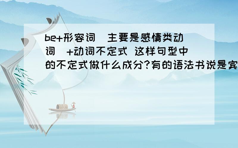 be+形容词（主要是感情类动词）+动词不定式 这样句型中的不定式做什么成分?有的语法书说是宾语有的说是原example：I am happy to say.