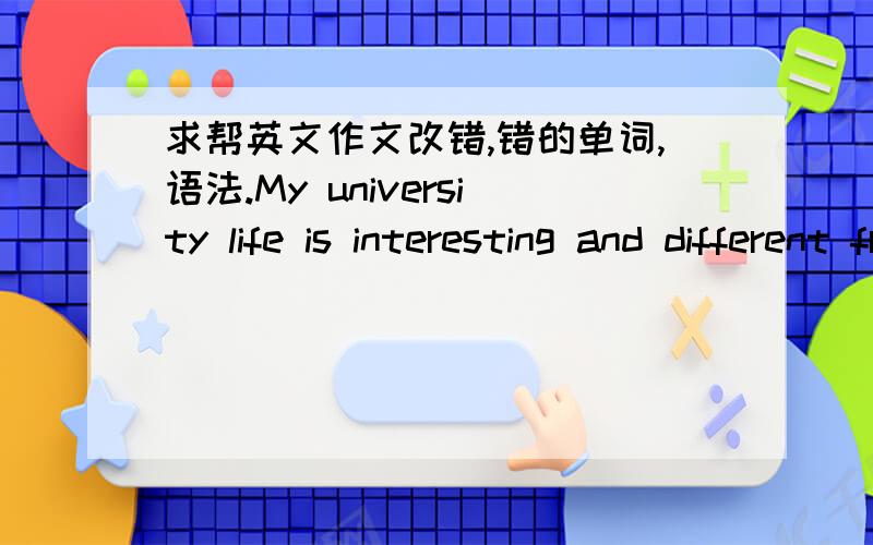 求帮英文作文改错,错的单词,语法.My university life is interesting and different from before.Though I am a new college student.I also make many friends and learn from them.University is different from high school.I living without parents.