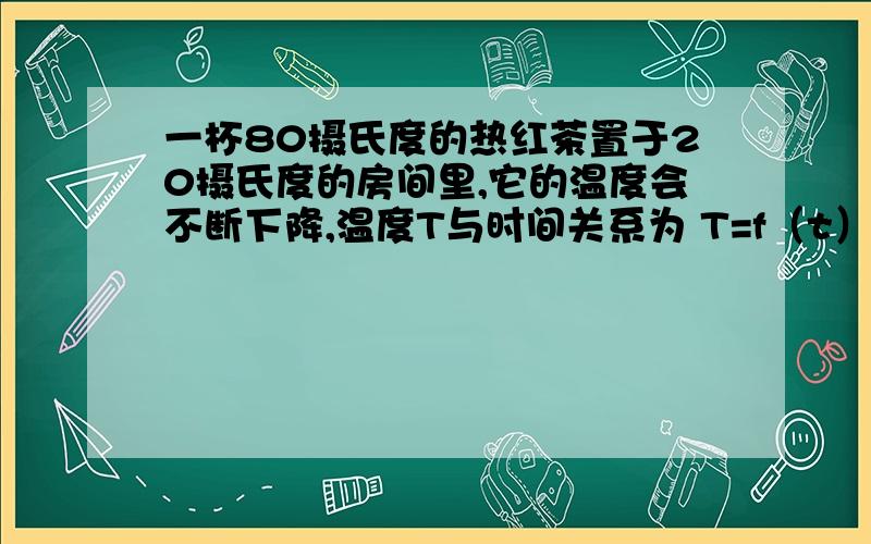 一杯80摄氏度的热红茶置于20摄氏度的房间里,它的温度会不断下降,温度T与时间关系为 T=f（t）问：其导数的符号是什么?为什么?f'（3）=-4的实际意义是什么?如果f（3）=65摄氏度 画出函数在带