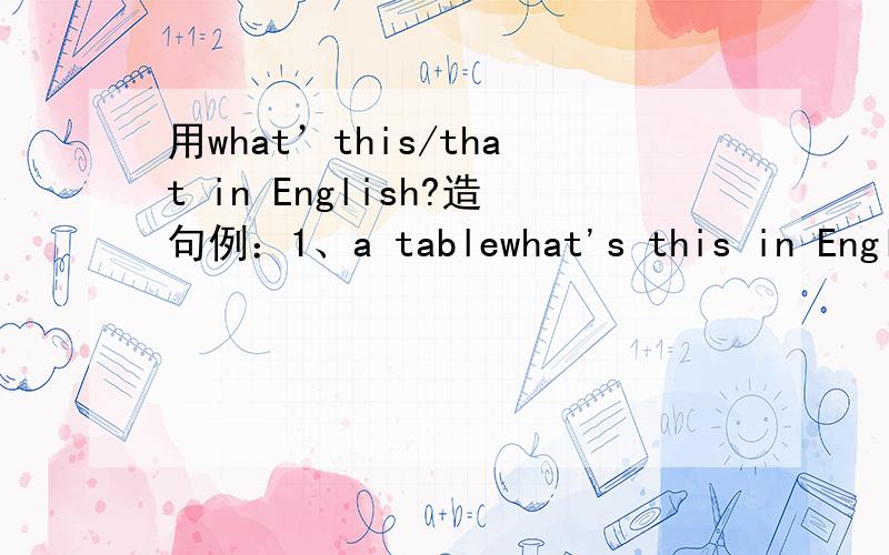 用what’this/that in English?造句例：1、a tablewhat's this in English?It is a table.2、a egg______________________?It is _______.3、a dish______________________?It is _______.4、a knife_______________________?That is _______.5、a cup______