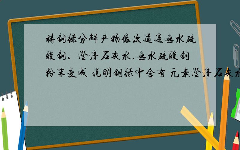 将铜绿分解产物依次通过无水硫酸铜、澄清石灰水.无水硫酸铜粉末变成 说明铜绿中含有 元素澄清石灰水变 说明铜绿中含有 元素盛有铜绿的试管中剩下的黑色粉末 请你猜测它可能是 或