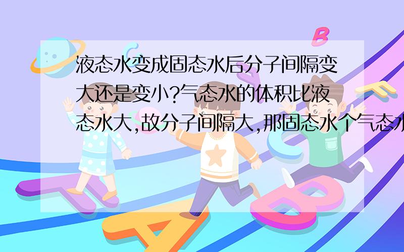 液态水变成固态水后分子间隔变大还是变小?气态水的体积比液态水大,故分子间隔大,那固态水个气态水是不是同一个道理?固态水的体积比液态水大,固态水分子间隔是不是比液态水大?