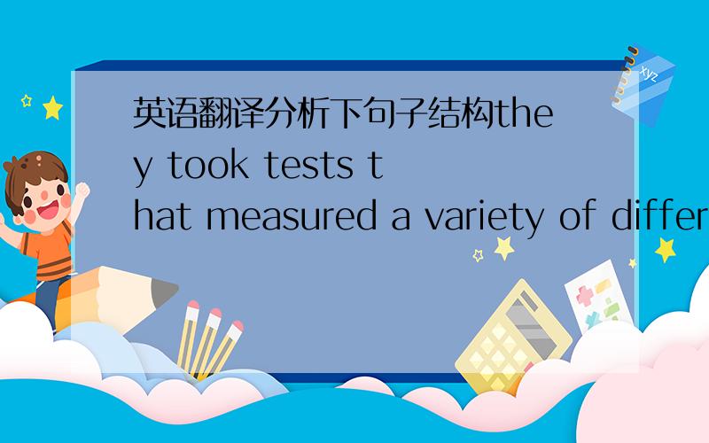 英语翻译分析下句子结构they took tests that measured a variety of different factors known to be involved in heart disease,blood pressure and blood levels.