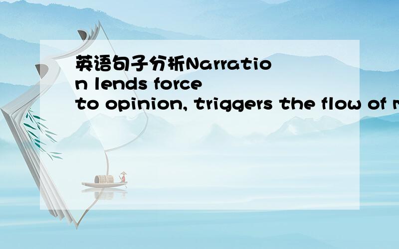 英语句子分析Narration lends force to opinion, triggers the flow of memory, and evokes places, times, and people in ways that are compelling and affecting.怎么翻译啊?最好有结构分析