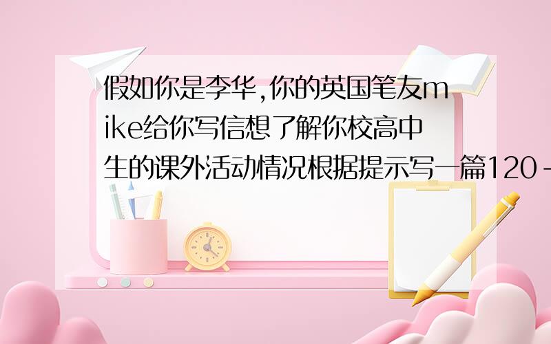 假如你是李华,你的英国笔友mike给你写信想了解你校高中生的课外活动情况根据提示写一篇120-150词的回信 1,每天下午有一个小时的课外活动时间2,有许多兴趣小组,计算机,唱歌等小组,还有乐