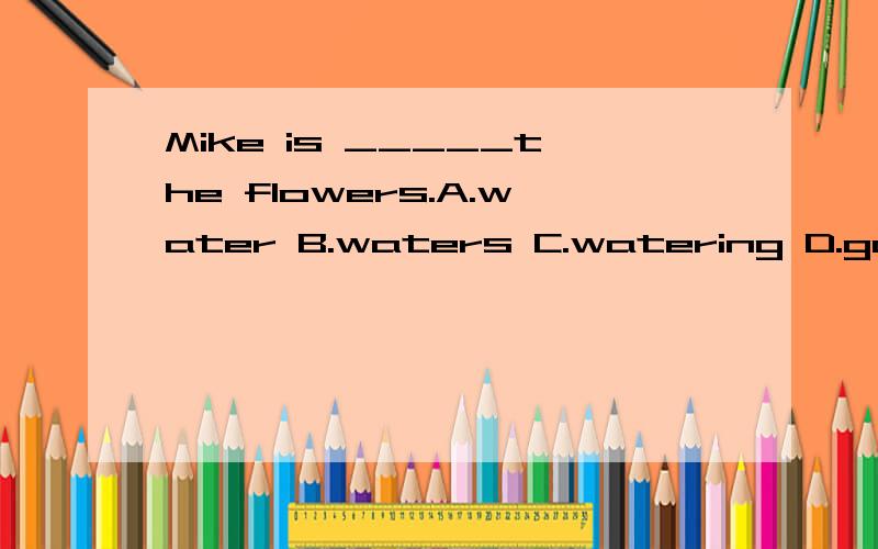 Mike is _____the flowers.A.water B.waters C.watering D.going to watering