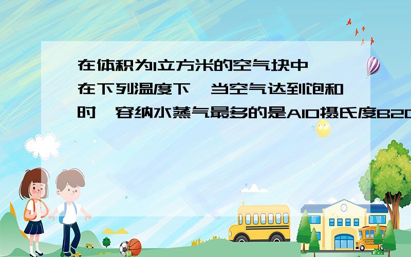 在体积为1立方米的空气块中,在下列温度下,当空气达到饱和时,容纳水蒸气最多的是A10摄氏度B20摄氏度C30摄氏度D40摄氏度