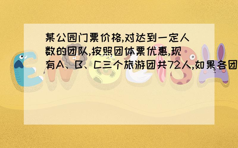 某公园门票价格,对达到一定人数的团队,按照团体票优惠,现有A、B、C三个旅游团共72人,如果各团单独购票,门票费依次为360元、384元、480元,如果3个团合起来购票,总共可少花72元.（1.）团体票