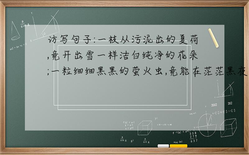 访写句子:一枝从污泥出的夏荷,竟开出雪一样洁白纯净的花朵;一粒细细黑黑的萤火虫,竟能在茫茫黑夜里发出...访写句子:一枝从污泥出的夏荷,竟开出雪一样洁白纯净的花朵;一粒细细黑黑的萤